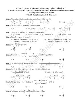 Đề trắc nghiệm môn toán Phần Đại số và giải tích 11 - Chương I, II Hàm số lượng giác - Phương trình và hệ phương trình lượng giác